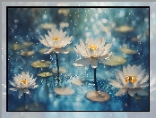 Kwiaty, 2D, Lilie wodne, Białe