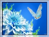 3D, Niebieskie, Tło, Kwiat, Motyl