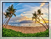Hawaje, Chmury, Plaża Kaanapali Beach, Żaglówki, Wyspa Maui, Palmy, Roślinność, Wschód słońca