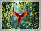 Liście, Ptak, Liany, AI, Papuga, Czerwona
