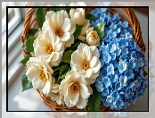 Koszyk, Kwiaty, Niebieskie, AI, Hortensje, Kamelie