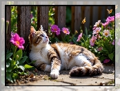 Płot, Leżący, Kwiaty, AI, Rudo-biały, Kot