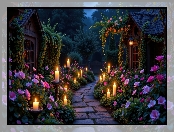 Kwiaty, Świece, Ogród, AI, Domy, Różowe, Dwa