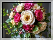 Bukiet, Kwiaty, Różowe, AI, Białe, Róże