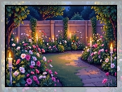 Mur, Ogród, Ścieżka, AI, Kwiaty, Świece