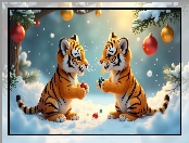 Gałązki, Bombki, Tygrysy, AI, Zima, Śnieg, Młode