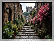 Kwiaty, Domy, Schody, AI, Brukowana, Uliczka