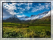 Łąki, Półwysep Westfjords, Islandia, Chmury, Góry, Pola