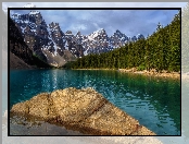 Park Narodowy Banff, Prowincja Alberta, Dolina Dziesięciu Szczytów, Kanada, Góry, Jezioro Moraine, Skała, Drzewa