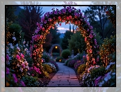 Kwiaty, Drzewa, Ogród, Alejka, Łuk, Kolorowe, Kwiatowy