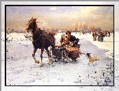 Koń, Alfred Wierusz-Kowalski, Malarstwo, Zima, Sanna