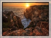 Portugalia, Skały, Morze, Algarve, Wschód słońca