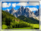 Południowy, Alpy, Włochy, Tyrol, Domy, Łąki, Lasy
