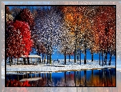 Altanka, Jesień, Śnieg, Park, Drzewa
