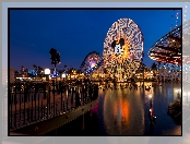 Anaheim, Stany Zjednoczone, Karuzele, Park rozrywki, Noc, Kalifornia, Rzeka, Disney California Adventure Park, Diabelski młyn