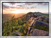 Anglia, Skały, Wschód słońca, Hrabstwo Staffordshire, Park Narodowy Peak District, Grzbiet górski The Roaches, Wzgórze