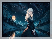 Księżyc, Noc, Dziewczyna, Anime, Staw, Góry, Sukienka