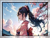 Ptaki, Dziewczyna, Kwiaty, Anime, Kimono, Profil