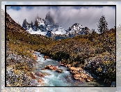 Rzeka, Góry Andy, Roślinność, Kamienie, Argentyna, Szczyt Fitz Roy, Patagonia, Drzewa, Chmury