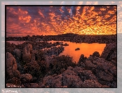 Wschód słońca, Arizona, Jezioro, Stany Zjednoczone, Chmury, Watson Lake, Skały, Prescott