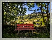 Ławka, Drzewa, Łąka, Wzgórza, Domek, Park