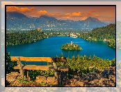 Słowenia, Góry, Ławka, Jezioro Bled, Wyspa Blejski Otok, Kościół, Zachód słońca