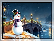 Cylinder, Śnieg, Most, Zima, Lampy, Rzeka, Szalik, Bałwan