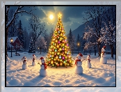 Choinka, Boże Narodzenie, Bałwanki, Księżyc, Świąteczne, Zima