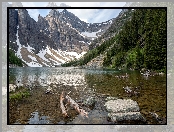 Góry, Prowincja Alberta, Park Narodowy Banff, Kanada, Jezioro Agnes, Drzewa, Kamienie, Śnieg