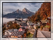 Góry, Drzewa, Domy, Niemcy, Kościół, Mgła, Berchtesgaden, Bawaria
