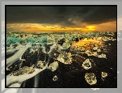 Islandia, Zachód słońca, Diamond Beach, Morze, Laguna Lodowcowa Jökulsárlón, Plaża, Bryły, Lód