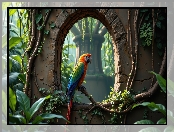 Papuga, Betonowa, Ściana, Ara, Rośliny