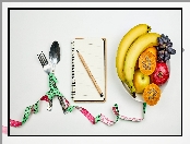 Ołówek, Owoce, Dieta, Miarka, Kompozycja, Notes, Tło, Sztućce, Białe