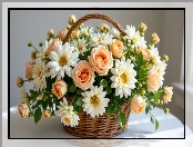 Chryzantemy, Wiklinowy, Róże, Kwiaty, Bukiet, Koszyk, Brzoskwiniowe, Białe