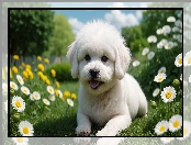 Pies, Biały, Kwiaty, Szczeniak, Łąka