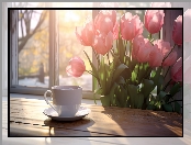 Parapet, Słoneczny, Okno, Blask, Tulipany, Filiżanka, Kwiaty