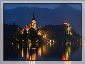 Kościół, Góry, Słowenia, Odbicie, Noc, Światła, Jezioro Bled