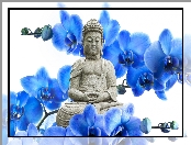 Błękitne, Posąg Buddy, Kwiaty, Storczyki