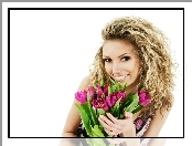 Blondynka, Uśmiech, Bukiet, Tulipanów