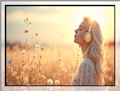 Słuchawki, Kwiaty, Kobieta, Blondynka