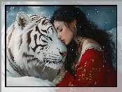 Dziewczyna, Bluzka, Biały, Czerwona, Tygrys