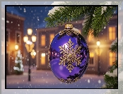 Fioletowa, Gałązka, Ośnieżona, Bombka, Boże Narodzenie