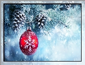 Szyszki, Boże Narodzenie, Bombki, Śnieg, Świerk, Drzewka