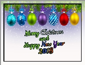 2018, Bombki, Napis, Merry Christmas, Happy New Year