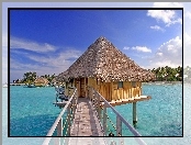 Laguna, Bora Bora, Polinezja Francuska, Palmy, Morze, Domek na wodzie
