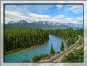 Canadian Rockies, Kanada, Rzeka Bow River, Drzewa, Chmury, Góry, Tory, Lasy, Park Narodowy Banff