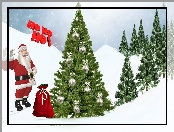 Zima, Boże Narodzenie, 2D, Śnieg, Mikołaj, Worek, Choinka