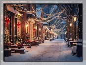 Domy, Zima, Latarnie, Boże Narodzenie, Dekoracje, Ulica