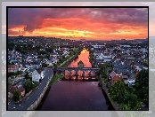 Most, Rzeka, Domy, Mourne Bridge, Irlandia Północna, River Mourne, Hrabstwo Tyrone, Zachód słońca, Strabane