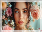 Brunetka, 3D 2D, Kwiaty, Dziewczyna, Grafika, Kobieta, Spojrzenie, Niebieskooka
